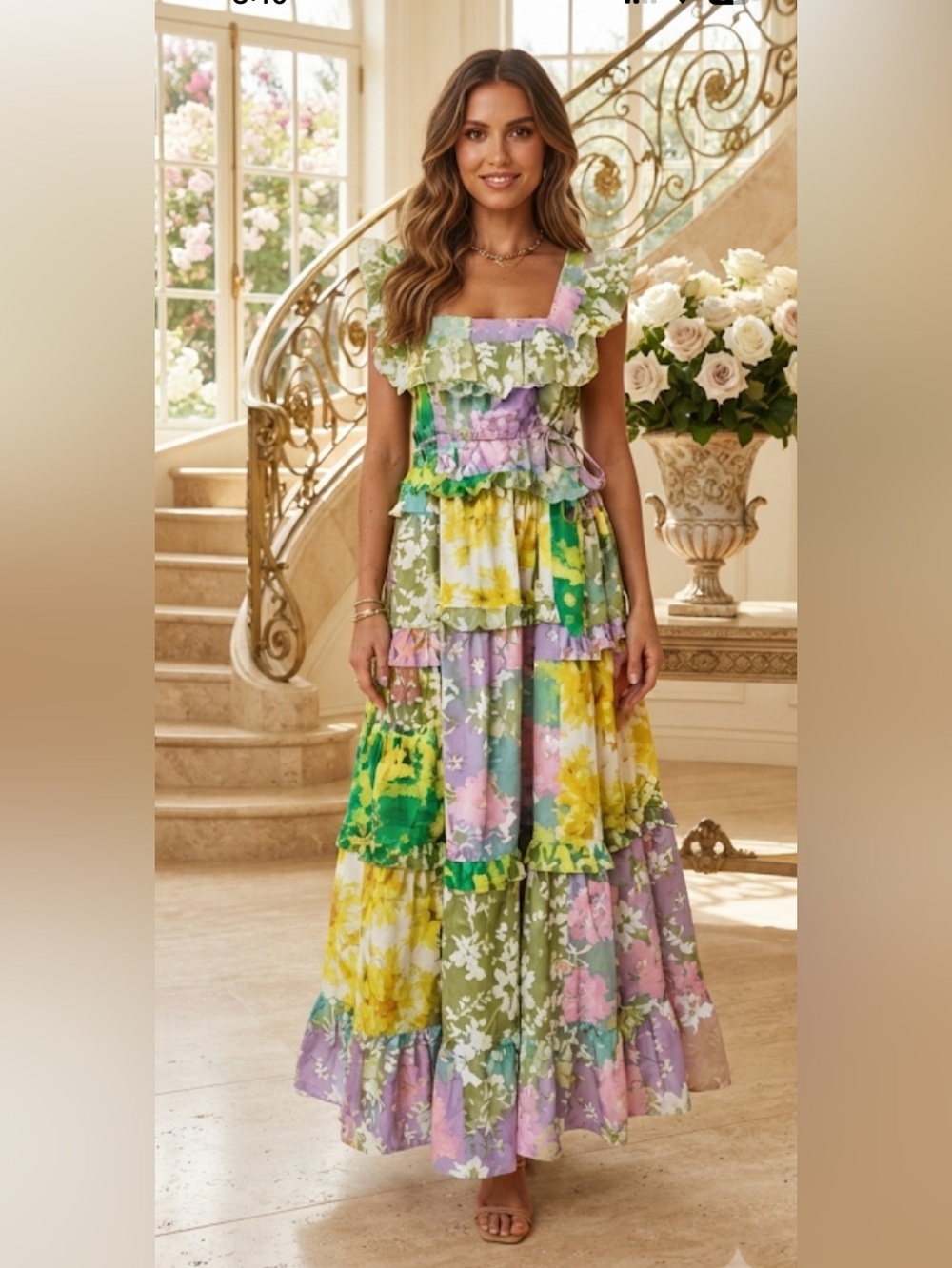 New Dalia Macphee Floral Patchwork Maxi Dress size S color Lime Multi - Picture 8 of 16